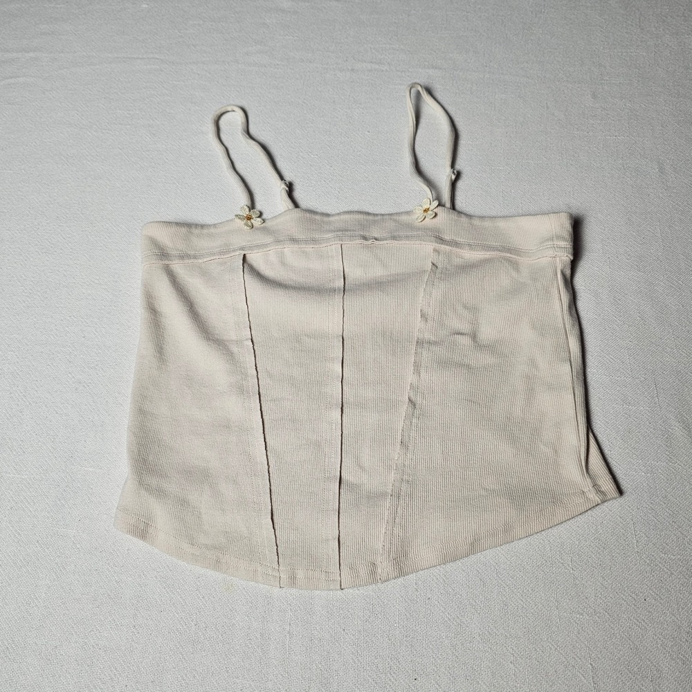 Natural Life Cream Ribbed Cotton Corset Cami Top Crochet Flower Detail Medium